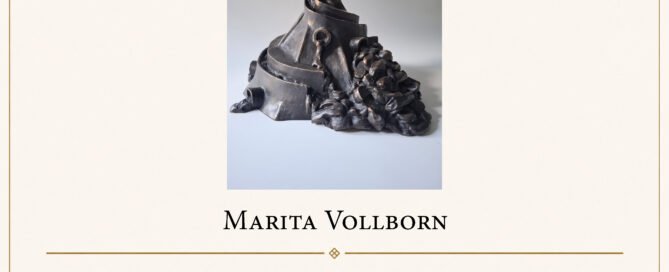 Poster for Chianciano Art Museum: Selected Artist Marita Vollborn with bronze sculpture image on a cream background and gold border.