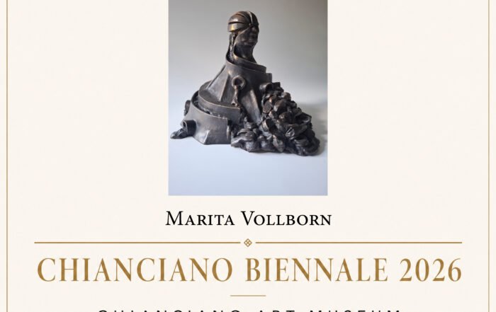 social-post-288 1 1 - Marita Vollborn Werkstattkunst Poster for Chianciano Art Museum: Selected Artist Marita Vollborn with bronze sculpture image on a cream background and gold border.