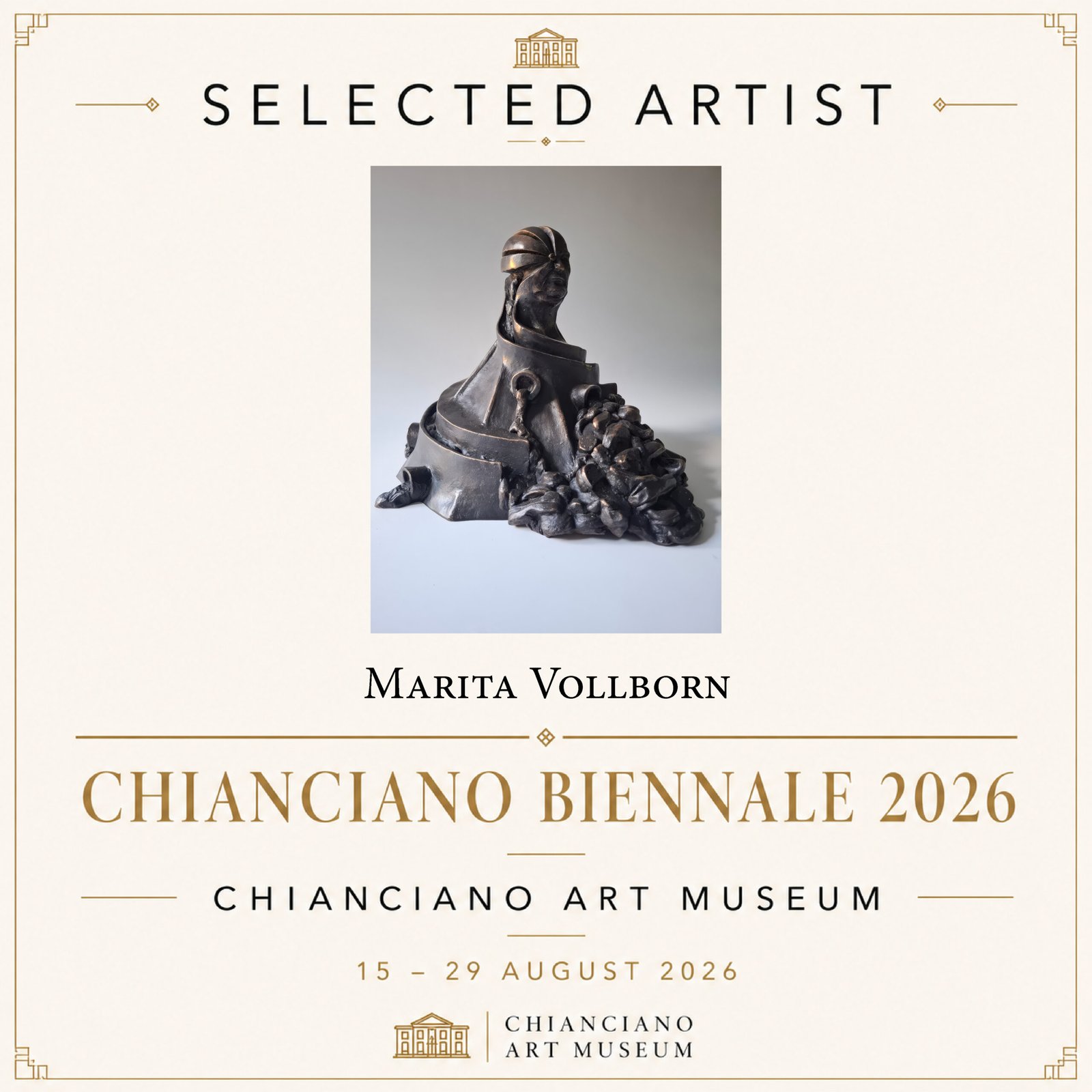 social-post-288 1 1 - Marita Vollborn Werkstattkunst Poster for Chianciano Art Museum: Selected Artist Marita Vollborn with bronze sculpture image on a cream background and gold border.