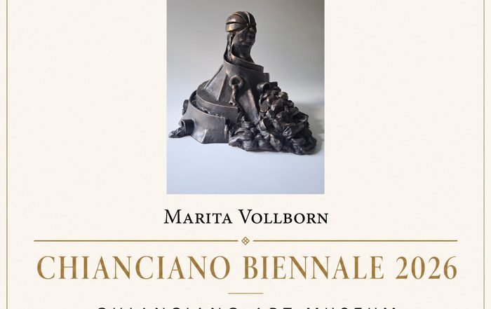 Poster announcing Selected Artist Marita Vollborn for Chianciano Biennale 2026, featuring a bronze sculpture bust.